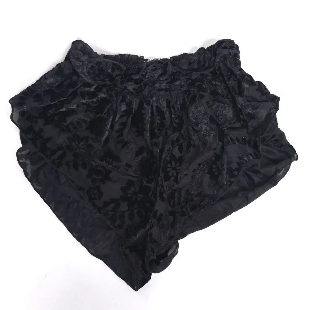 Free People NEW Snow Angel Micro‎ Shorts LARGE Black Velvet Burnout Ruffles